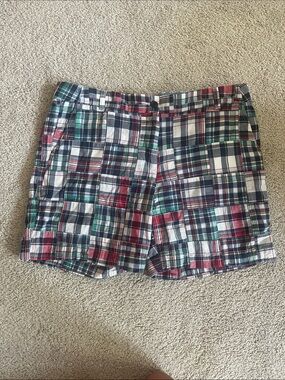 Talbots Plaid Cotton Patchwork Shorts in Navy, Red, Green